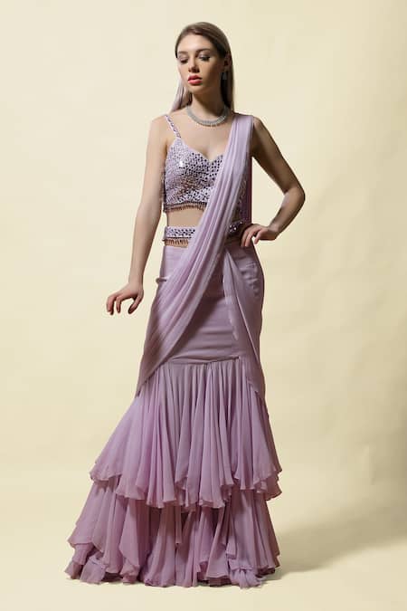 Buy_Asaga_Purple Choli Silk, Drape Skirt Rasika Pre-draped Lehenga Saree With Blouse _Online_at_Aza_Fashions