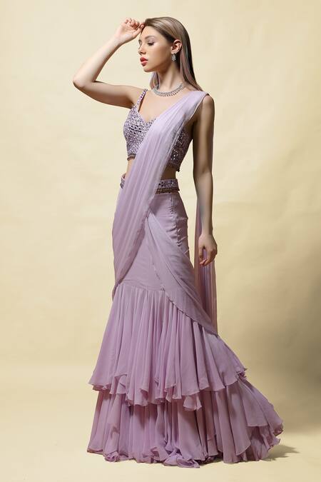 Shop_Asaga_Purple Choli Silk, Drape Skirt Rasika Pre-draped Lehenga Saree With Blouse _Online_at_Aza_Fashions