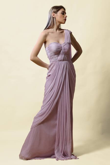 Asaga Purple Chiffon Lining Shantoon One Shoulder Yasha Gown Online at Aza Fashions Asaga_Purple Chiffon Lining Shantoon One Shoulder Yasha Gown _Online_at_Aza_Fashions