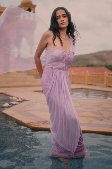 Buy Asaga Purple Chiffon Lining Shantoon One Shoulder Yasha Gown Online at Aza Fashions Buy_Asaga_Purple Chiffon Lining Shantoon One Shoulder Yasha Gown _Online_at_Aza_Fashions