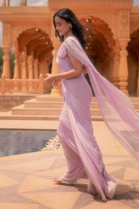 Shop Asaga Purple Chiffon Lining Shantoon One Shoulder Yasha Gown Online at Aza Fashions Shop_Asaga_Purple Chiffon Lining Shantoon One Shoulder Yasha Gown _Online_at_Aza_Fashions