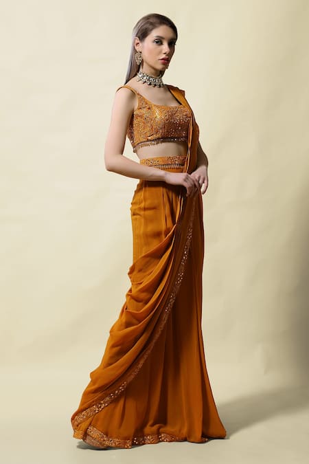 Asaga_Yellow Blouse Silk And Saree Georgette Lining Shantoon Gopika Pre-draped With _Online_at_Aza_Fashions