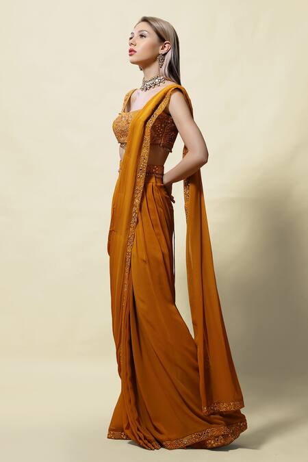 Buy_Asaga_Yellow Blouse Silk And Saree Georgette Lining Shantoon Gopika Pre-draped With _Online_at_Aza_Fashions