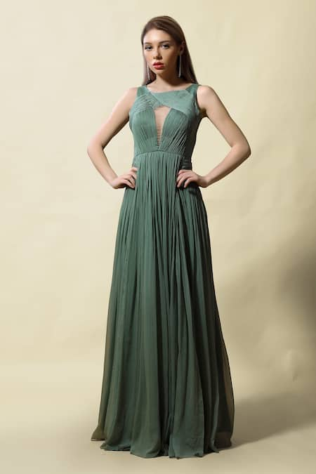 Asaga Green Chiffonlining Shantoon Boat Neck Gamya Draped Ruched Gown 