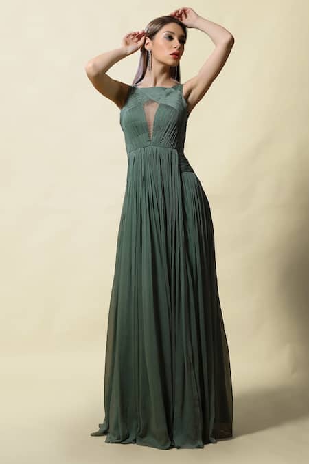 Buy_Asaga_Green Chiffonlining Shantoon Boat Neck Gamya Draped Ruched Gown _Online_at_Aza_Fashions