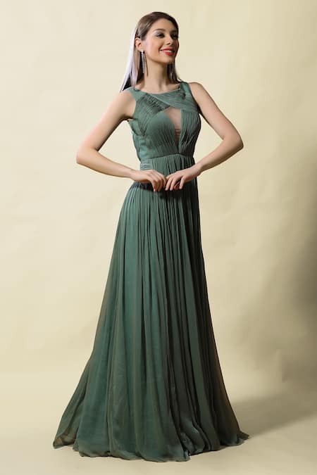 Shop_Asaga_Green Chiffonlining Shantoon Boat Neck Gamya Draped Ruched Gown _Online_at_Aza_Fashions
