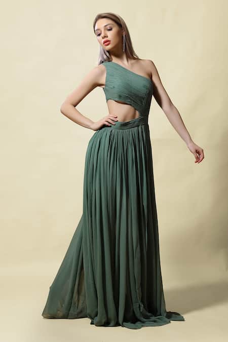 Asaga_Green Georgettelining Shantoon Boat Neck Sevya One Shoulder Ruched Gown _Online_at_Aza_Fashions