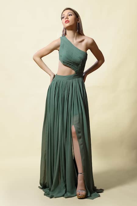 Buy_Asaga_Green Georgettelining Shantoon Boat Neck Sevya One Shoulder Ruched Gown _Online_at_Aza_Fashions
