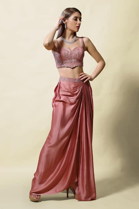 Asaga_Pink Silk, Modal Satin, Organzalining Shantoon Nitya Organza Cape Skirt Set _Online_at_Aza_Fashions