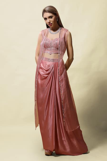 Buy_Asaga_Pink Silk, Modal Satin, Organzalining Shantoon Nitya Organza Cape Skirt Set _Online_at_Aza_Fashions