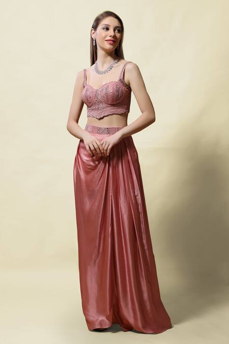 Shop_Asaga_Pink Silk, Modal Satin, Organzalining Shantoon Nitya Organza Cape Skirt Set _Online_at_Aza_Fashions