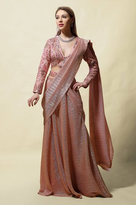 Buy Pink Blouse Silkpallu Pleated Gehini Pre-draped Saree With For Women by  Asaga Online at Aza Fashions.