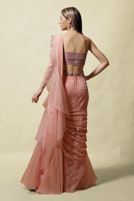 Shop Asaga Pink Blouse Silk Lehenga Organza Pallu Isvari Ruffle Pre-draped Saree With at Aza Fashions Shop_Asaga_Pink Blouse Silk Lehenga Organza Pallu Isvari Ruffle Pre-draped Saree With _at_Aza_Fashions