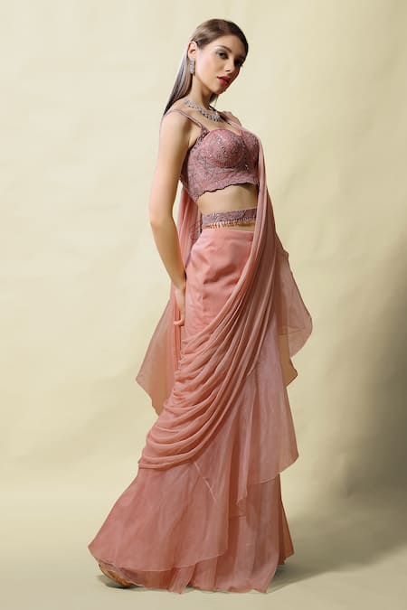 Asaga Pink Blouse Silk Lehenga Organza Pallu Isvari Ruffle Pre-draped Saree With Online at Aza Fashions Asaga_Pink Blouse Silk Lehenga Organza Pallu Isvari Ruffle Pre-draped Saree With _Online_at_Aza_Fashions