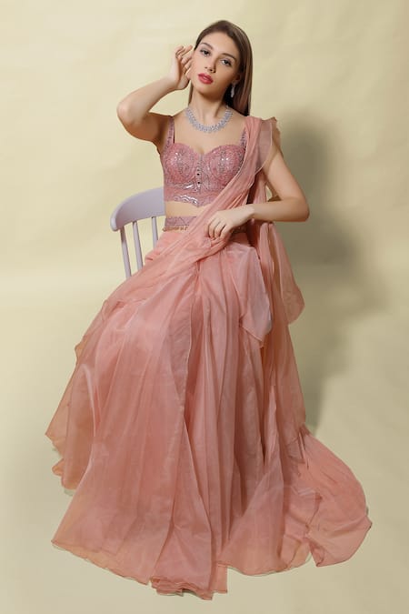 Buy Asaga Pink Blouse Silk Lehenga Organza Pallu Isvari Ruffle Pre-draped Saree With Online at Aza Fashions Buy_Asaga_Pink Blouse Silk Lehenga Organza Pallu Isvari Ruffle Pre-draped Saree With _Online_at_Aza_Fashions