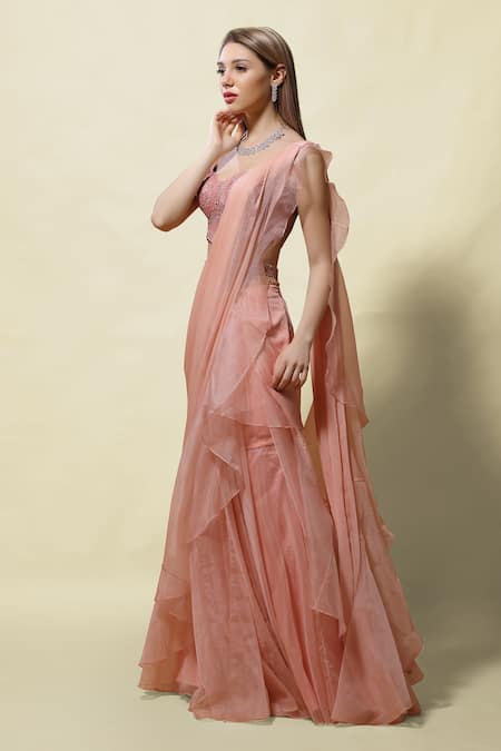 Shop Asaga Pink Blouse Silk Lehenga Organza Pallu Isvari Ruffle Pre-draped Saree With Online at Aza Fashions Shop_Asaga_Pink Blouse Silk Lehenga Organza Pallu Isvari Ruffle Pre-draped Saree With _Online_at_Aza_Fashions