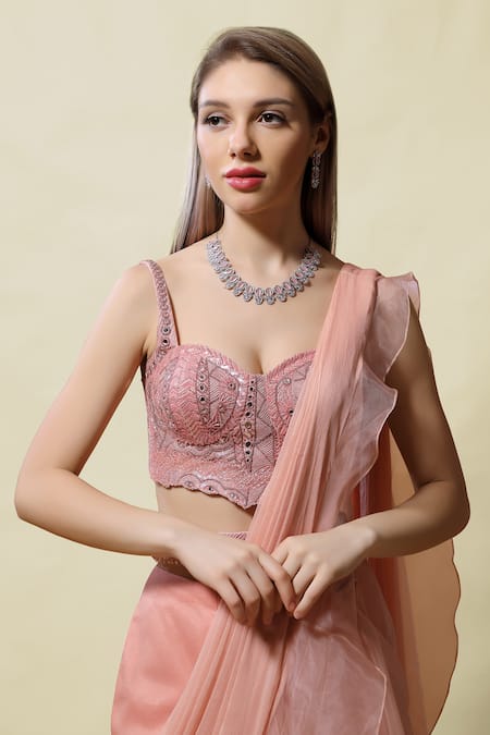 Asaga Pink Blouse Silk Lehenga Organza Pallu Isvari Ruffle Pre-draped Saree With at Aza Fashions Asaga_Pink Blouse Silk Lehenga Organza Pallu Isvari Ruffle Pre-draped Saree With _at_Aza_Fashions