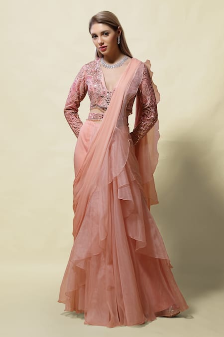 Asaga Pink Blouse Silk Lehenga Organza Rati Ruffle Pre-draped Saree With 