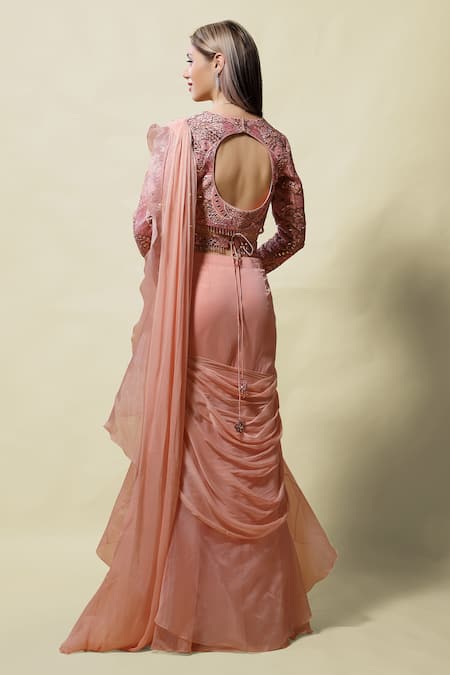 Shop Asaga Pink Blouse Silk Lehenga Organza Pallu Rati Ruffle Pre-draped Saree With at Aza Fashions Shop_Asaga_Pink Blouse Silk Lehenga Organza Pallu Rati Ruffle Pre-draped Saree With _at_Aza_Fashions
