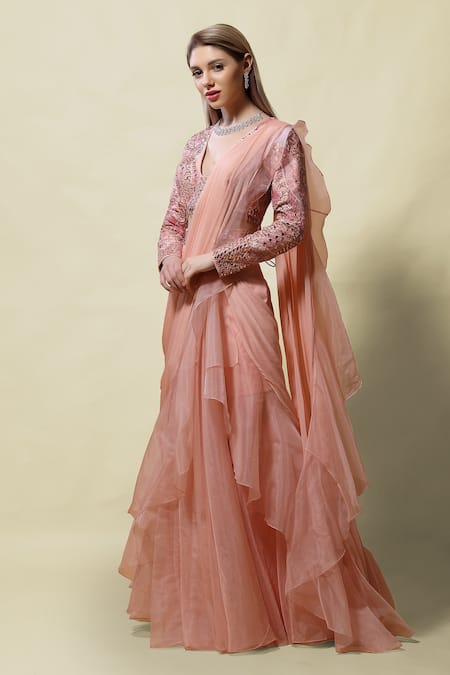Asaga Pink Blouse Silk Lehenga Organza Pallu Rati Ruffle Pre-draped Saree With Online at Aza Fashions Asaga_Pink Blouse Silk Lehenga Organza Pallu Rati Ruffle Pre-draped Saree With _Online_at_Aza_Fashions