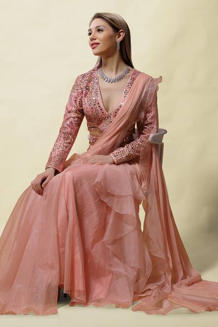 Buy Asaga Pink Blouse Silk Lehenga Organza Pallu Rati Ruffle Pre-draped Saree With Online at Aza Fashions Buy_Asaga_Pink Blouse Silk Lehenga Organza Pallu Rati Ruffle Pre-draped Saree With _Online_at_Aza_Fashions