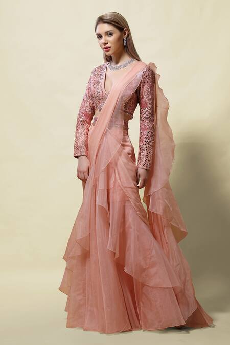 Shop Asaga Pink Blouse Silk Lehenga Organza Pallu Rati Ruffle Pre-draped Saree With Online at Aza Fashions Shop_Asaga_Pink Blouse Silk Lehenga Organza Pallu Rati Ruffle Pre-draped Saree With _Online_at_Aza_Fashions