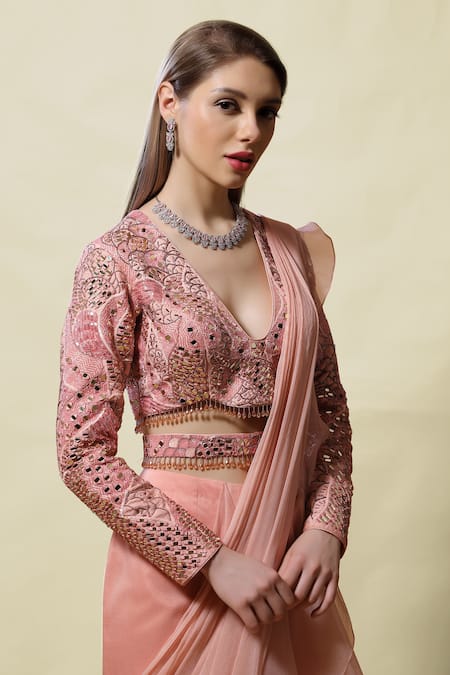 Asaga Pink Blouse Silk Lehenga Organza Pallu Rati Ruffle Pre-draped Saree With at Aza Fashions Asaga_Pink Blouse Silk Lehenga Organza Pallu Rati Ruffle Pre-draped Saree With _at_Aza_Fashions