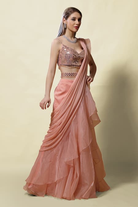 Asaga_Pink Blouse Silk Lehenga Organza Pallu Srisa Ruffle Pre-draped Saree With _Online_at_Aza_Fashions