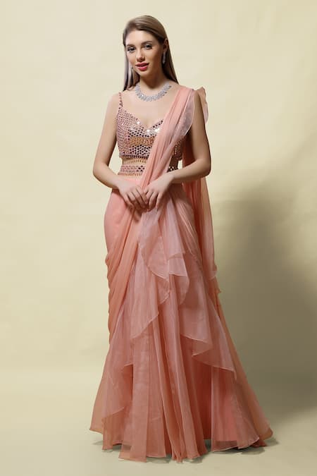 Buy_Asaga_Pink Blouse Silk Lehenga Organza Pallu Srisa Ruffle Pre-draped Saree With _Online_at_Aza_Fashions