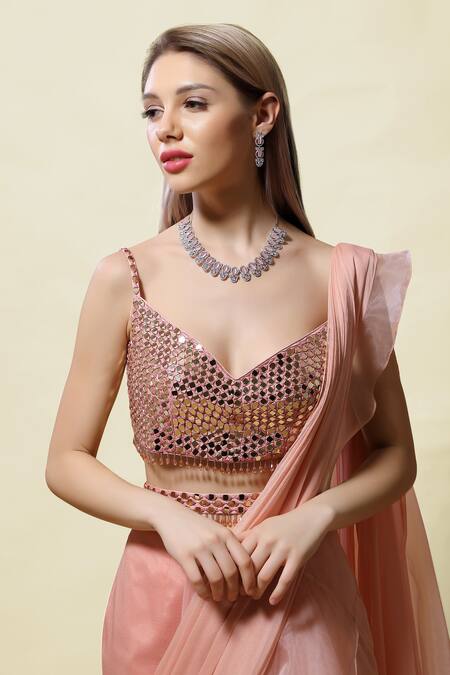 Asaga_Pink Blouse Silk Lehenga Organza Pallu Srisa Ruffle Pre-draped Saree With _at_Aza_Fashions