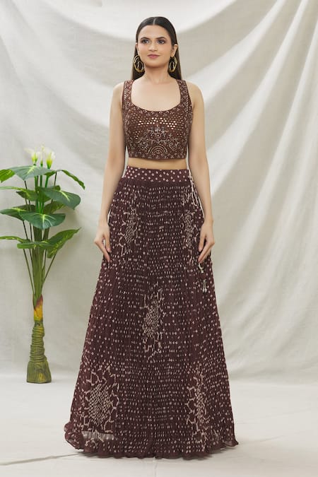 Buy_Samyukta Singhania_Brown Silk, Muslin, Net Mirrors, Embroidery Round Bandhani Print Lehenga Set _Online_at_Aza_Fashions
