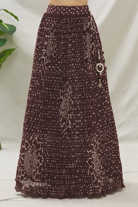 Shop_Samyukta Singhania_Brown Silk, Muslin, Net Mirrors, Embroidery Round Bandhani Print Lehenga Set _Online_at_Aza_Fashions