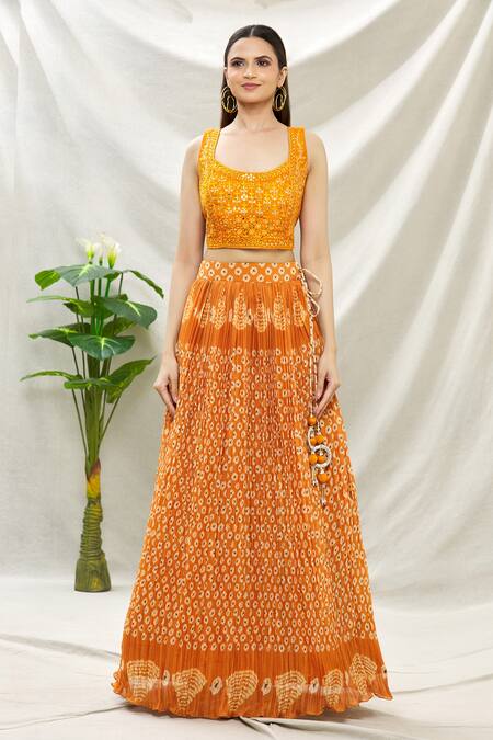 Buy_Samyukta Singhania_Yellow Muslin, Silk, Net Mirrors, Embroidery Round Bandhani Print Lehenga Set_Online_at_Aza_Fashions