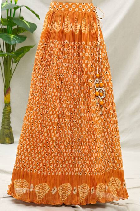 Shop_Samyukta Singhania_Yellow Muslin, Silk, Net Mirrors, Embroidery Round Bandhani Print Lehenga Set_Online_at_Aza_Fashions