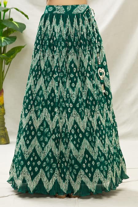 Shop_Samyukta Singhania_Green Silk, Muslin, Net Mirrors, Embroidery Round Bandhani Print Lehenga Set _Online_at_Aza_Fashions