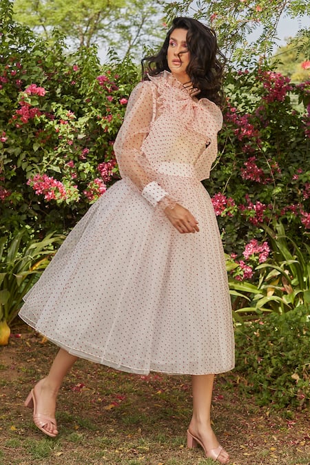 Buy Dania Siddiqui White Organza, Lycra Polka Dots High Neck Blouse Online at Aza Fashions Buy_Dania Siddiqui_White Organza, Lycra Polka Dots High Neck Blouse _Online_at_Aza_Fashions