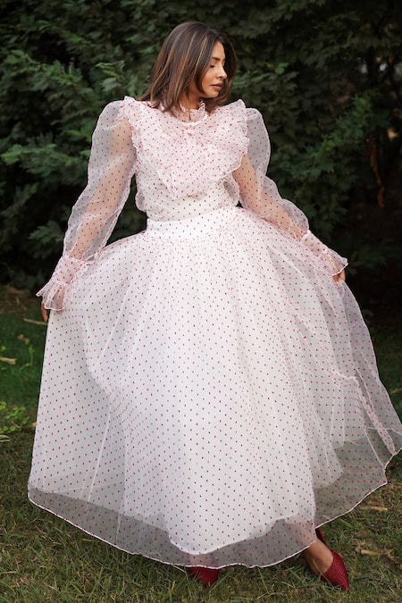 Shop Dania Siddiqui White Organza, Lycra Polka Dots High Neck Blouse Online at Aza Fashions Shop_Dania Siddiqui_White Organza, Lycra Polka Dots High Neck Blouse _Online_at_Aza_Fashions