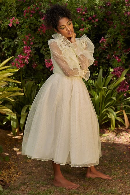 Dania Siddiqui White Organza, Tulle, Satin Polka Dots Skirt 