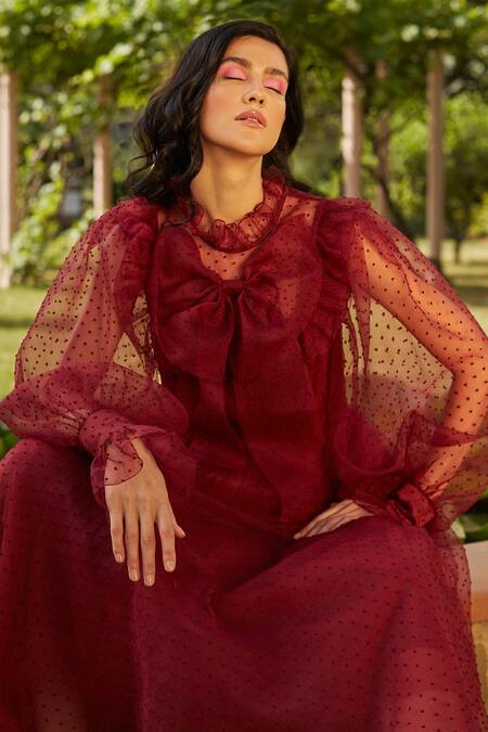 Dania Siddiqui_Maroon Organza, Tulle, Satin Dot High Neck Puffed Sleeve Pleated Dress _Online_at_Aza_Fashions