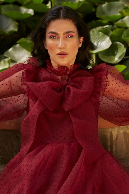 Buy_Dania Siddiqui_Maroon Organza, Tulle, Satin Dot High Neck Puffed Sleeve Pleated Dress _Online_at_Aza_Fashions