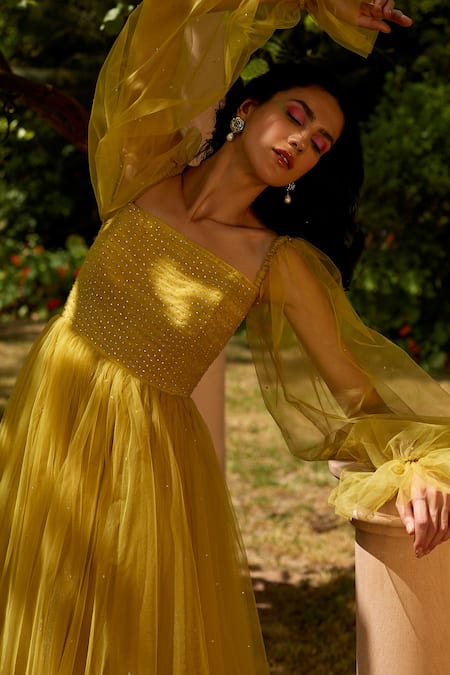 Dania Siddiqui_Yellow Tulle, Satin Swarovski Straight Embellished Gown _Online_at_Aza_Fashions