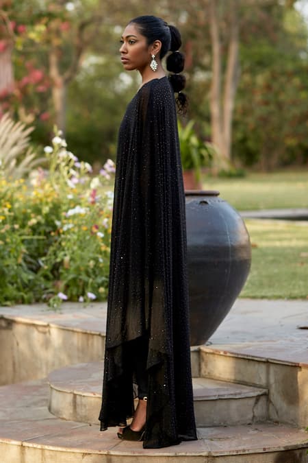 Dania Siddiqui_Black Georgette Swarovski Open Embellished Cape _Online_at_Aza_Fashions