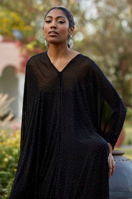 Buy_Dania Siddiqui_Black Georgette Swarovski Open Embellished Cape _Online_at_Aza_Fashions