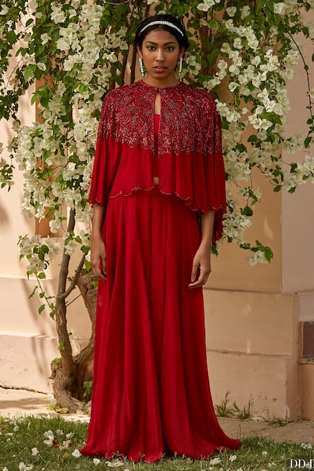 Dania Siddiqui_Red Georgette, Lycra, Satin Lining Sequin, Glass Bead Embroidered And Sharara Set _Online_at_Aza_Fashions