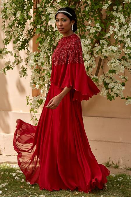 Buy_Dania Siddiqui_Red Georgette, Lycra, Satin Lining Sequin, Glass Bead Embroidered And Sharara Set _Online_at_Aza_Fashions