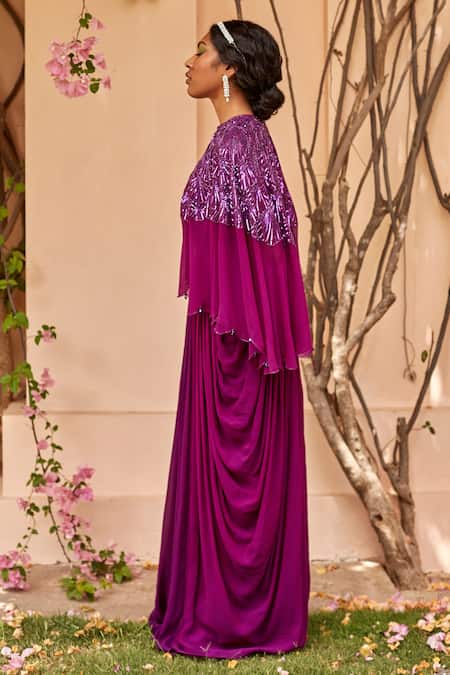 Dania Siddiqui_Purple Georgette, Satin Sequin, Glass Bead Open Embroidered Cape With Gown _Online_at_Aza_Fashions