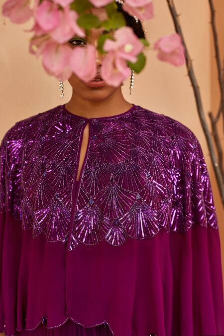 Buy_Dania Siddiqui_Purple Georgette, Satin Sequin, Glass Bead Open Embroidered Cape With Gown _Online_at_Aza_Fashions