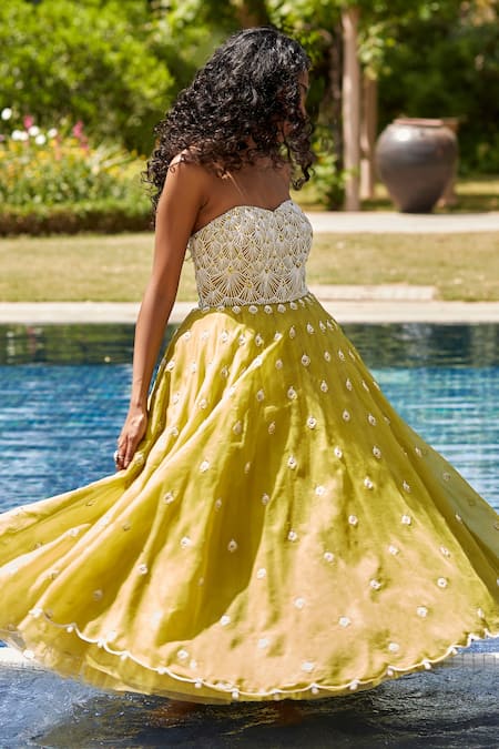 Dania Siddiqui_Yellow Tulle, Satin, Silk Organza Floral, Sequin, Glass Pearl Embroidered Gown _Online_at_Aza_Fashions