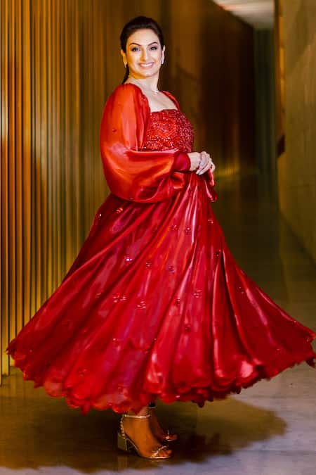 Dania Siddiqui Red Organza, Tulle, Satin Floral, Sequin, Glass Bead Straight Embroidered Gown Online at Aza Fashions Dania Siddiqui_Red Organza, Tulle, Satin Floral, Sequin, Glass Bead Straight Embroidered Gown _Online_at_Aza_Fashions