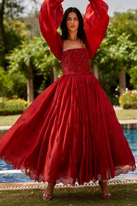 Buy Dania Siddiqui Red Organza, Tulle, Satin Floral, Sequin, Glass Bead Straight Embroidered Gown Online at Aza Fashions Buy_Dania Siddiqui_Red Organza, Tulle, Satin Floral, Sequin, Glass Bead Straight Embroidered Gown _Online_at_Aza_Fashions